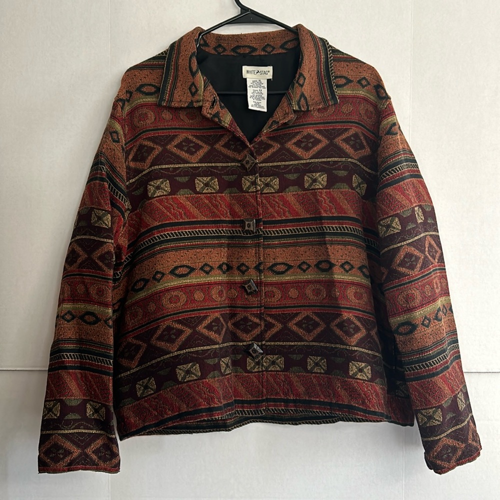 White Stag Jacket Women XL Gold Rust Black Stripe Aztec Tribal Tapestry VTG